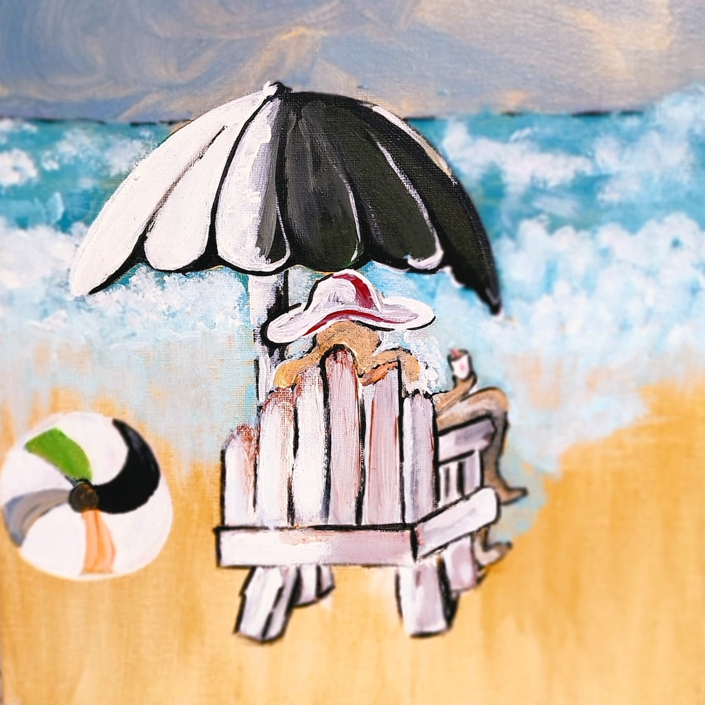 Beach Scene Canvas Art with Black and White Umbrella